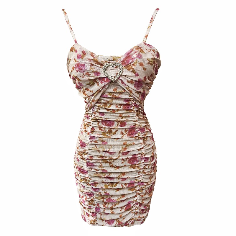 Summer sexy sling dress fold tight floral T-back for women