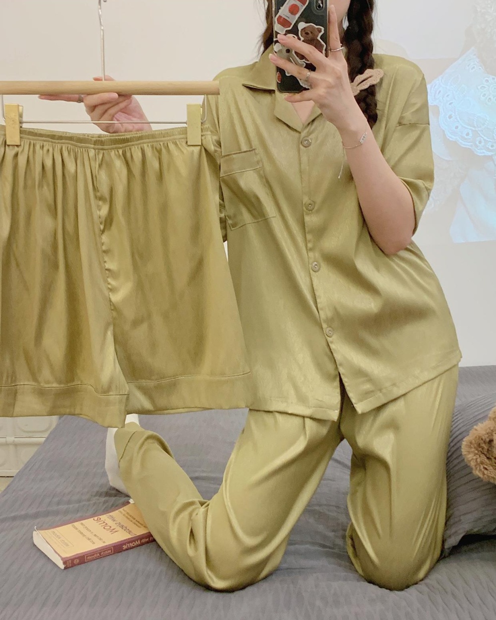 Loose pajamas thin long pants 3pcs set for women