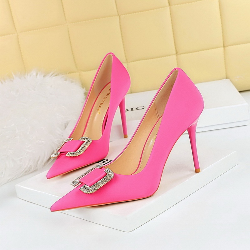 Low rhinestone buckle shoes satin high-heeled shoes for women