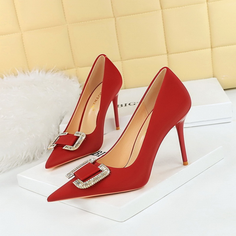Low rhinestone buckle shoes satin high-heeled shoes for women
