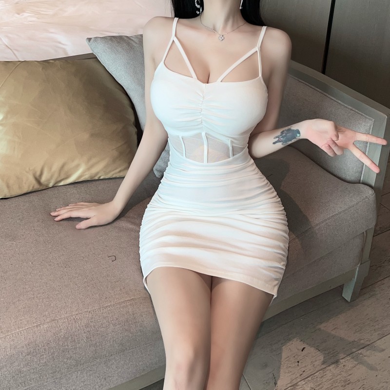 Fold white sling gauze splice package hip sexy dress