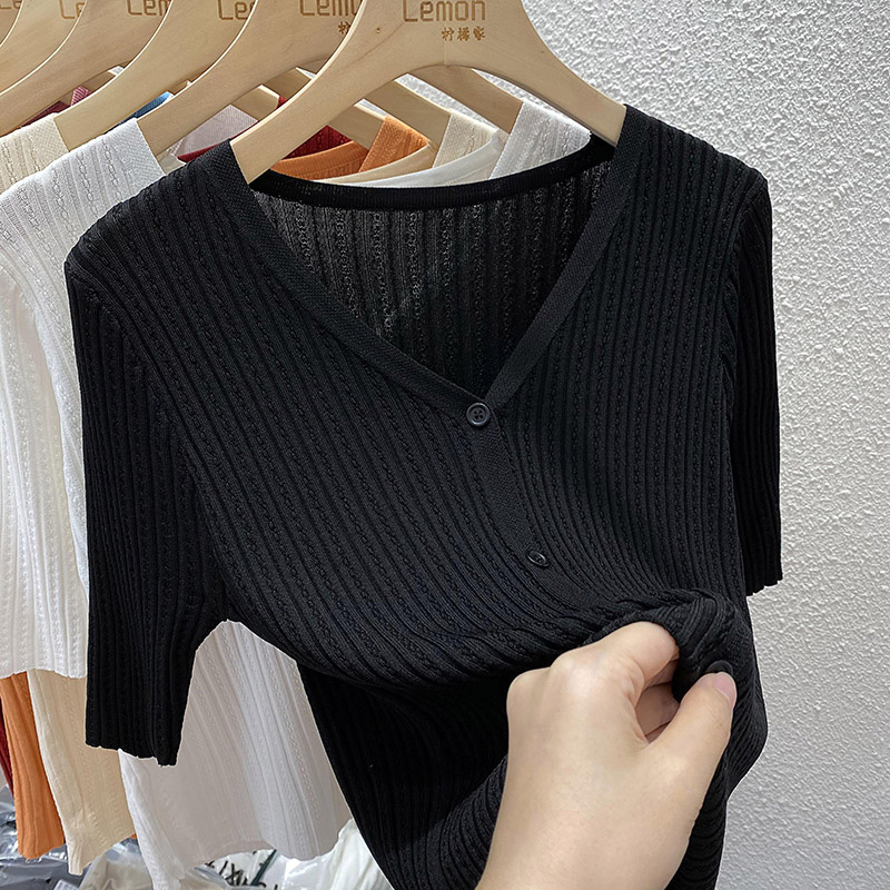 Short sleeve niche tops V-neck cardigan for women