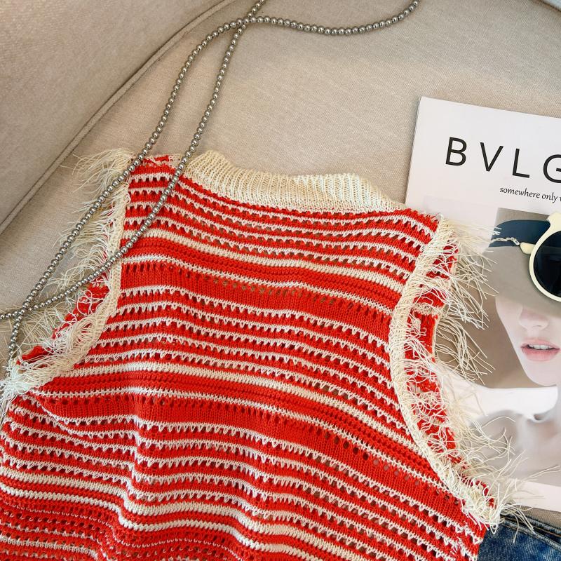 Stripe tassels sleeveless tops knitted summer vest