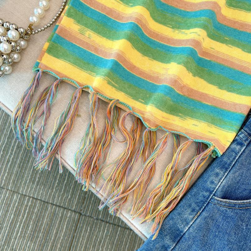 Summer tassels knitted vest sling colors stripe tops