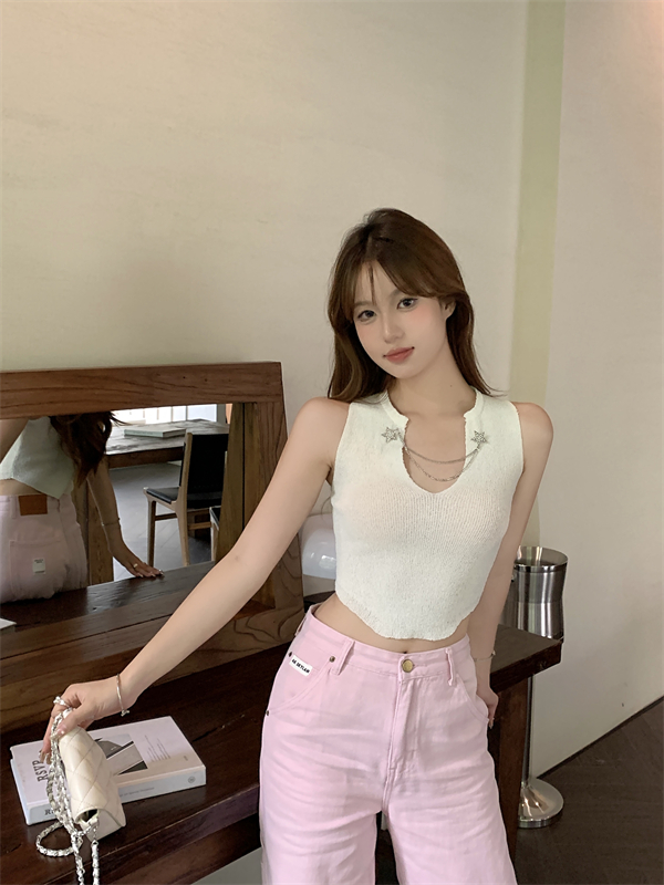 Knitted white V-neck vest sleeveless personality tops