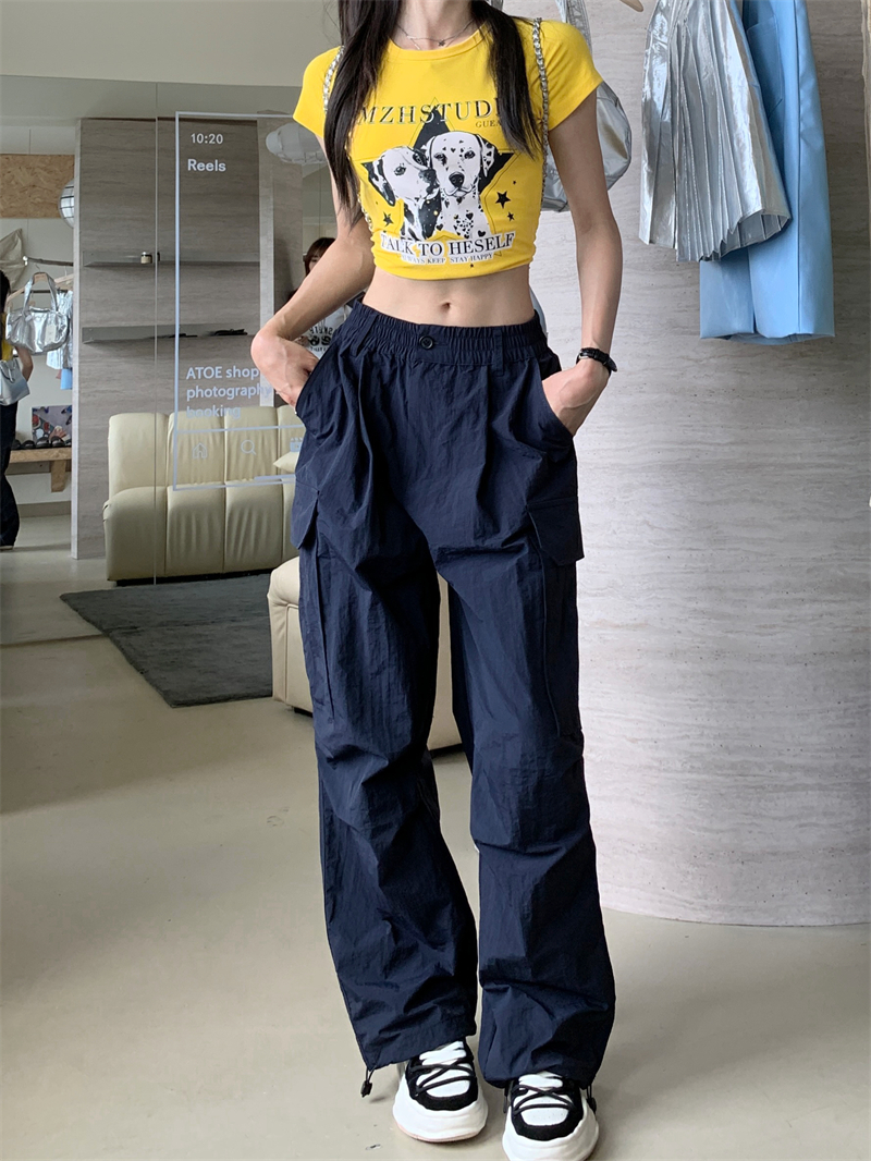 Navy-blue work pants retro long pants for women