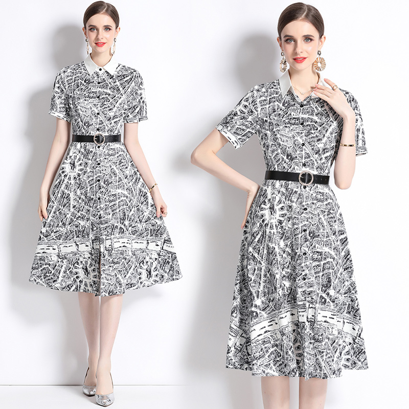 With belt all-match fashion slim pinched waist printing dress