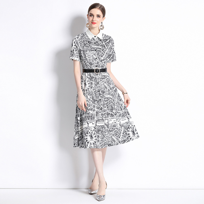 With belt all-match fashion slim pinched waist printing dress