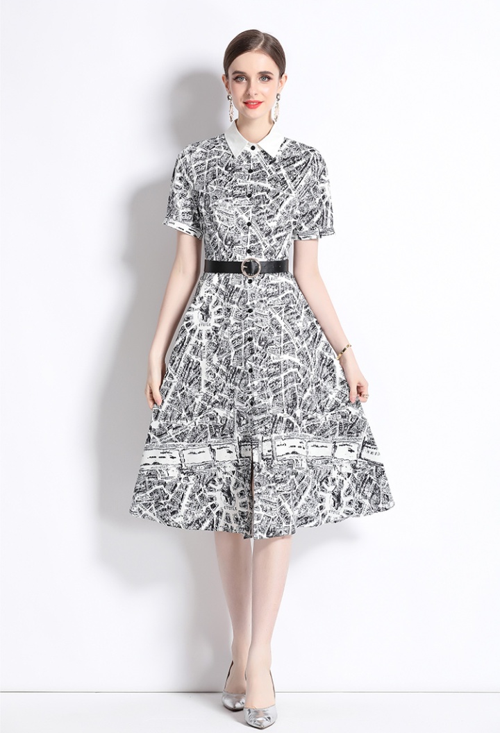 With belt all-match fashion slim pinched waist printing dress