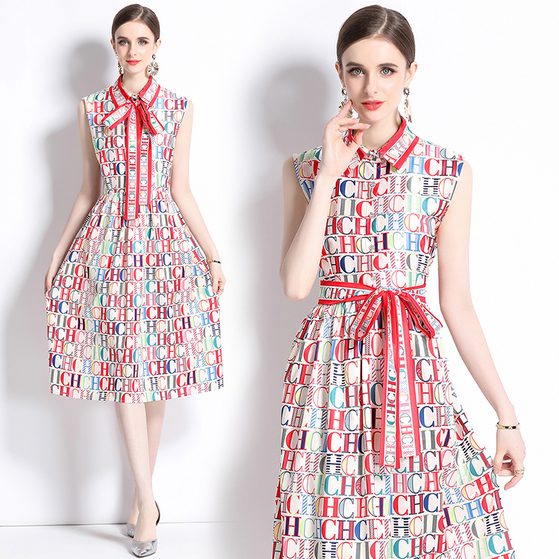 Printing sleeveless European style pinched waist dress