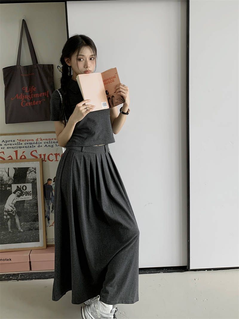 College style embroidery long skirt retro pleated skirt a set