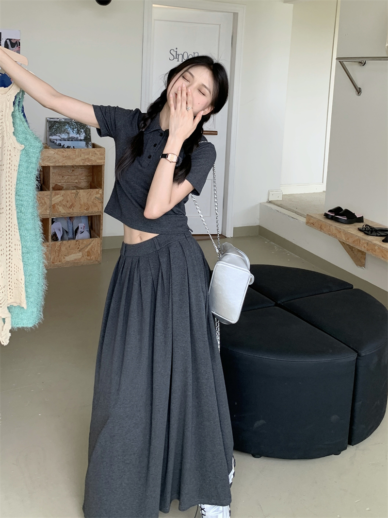 College style embroidery long skirt retro pleated skirt a set
