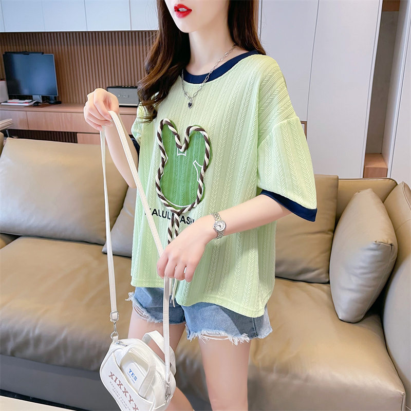 Colors splice tops printing round neck T-shirt for women