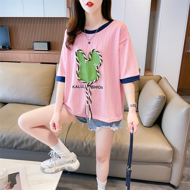 Colors splice tops printing round neck T-shirt for women