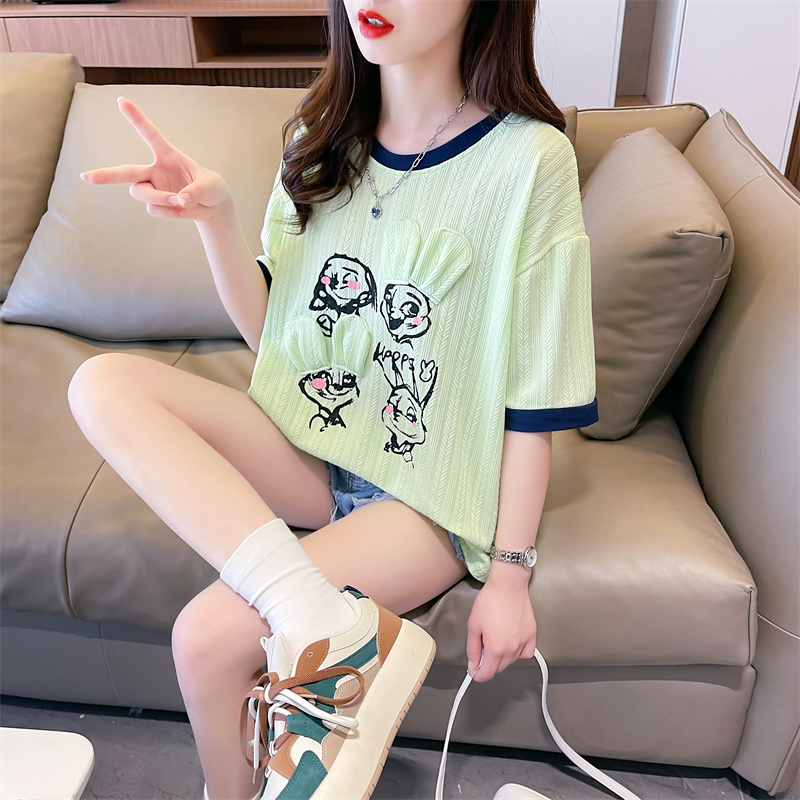 Round neck ear splice T-shirt printing colors tops