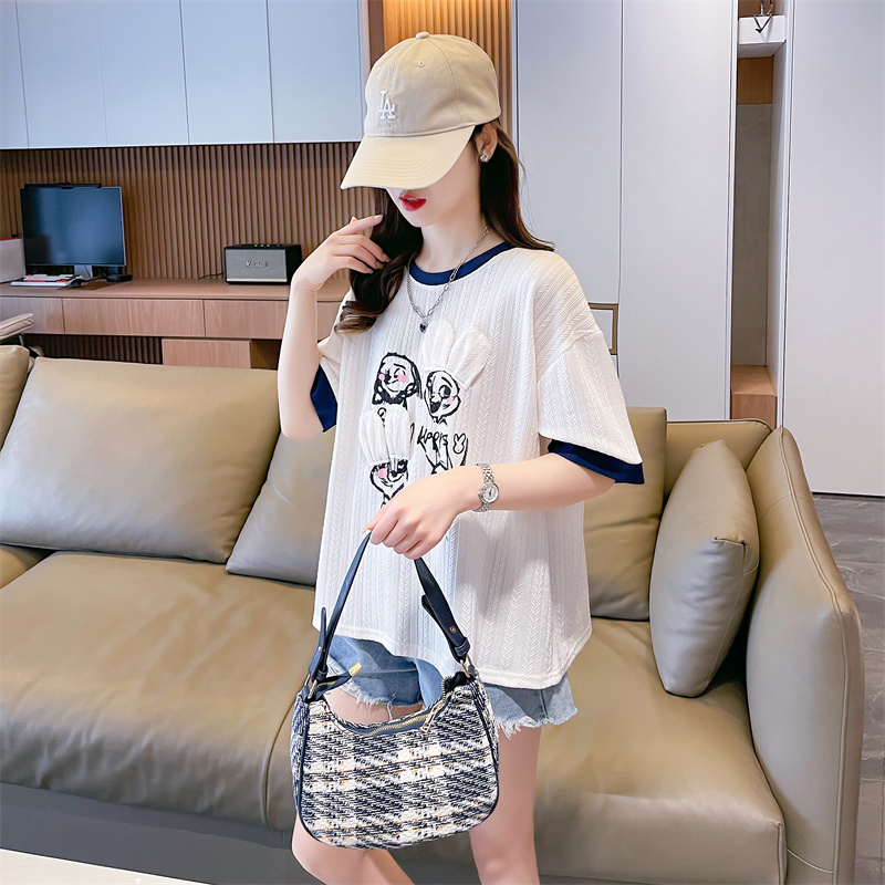 Round neck ear splice T-shirt printing colors tops