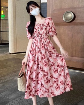 Summer floral printing dress puff sleeve slim ink long dress