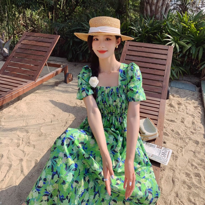 Square collar floral dress summer long dress for women