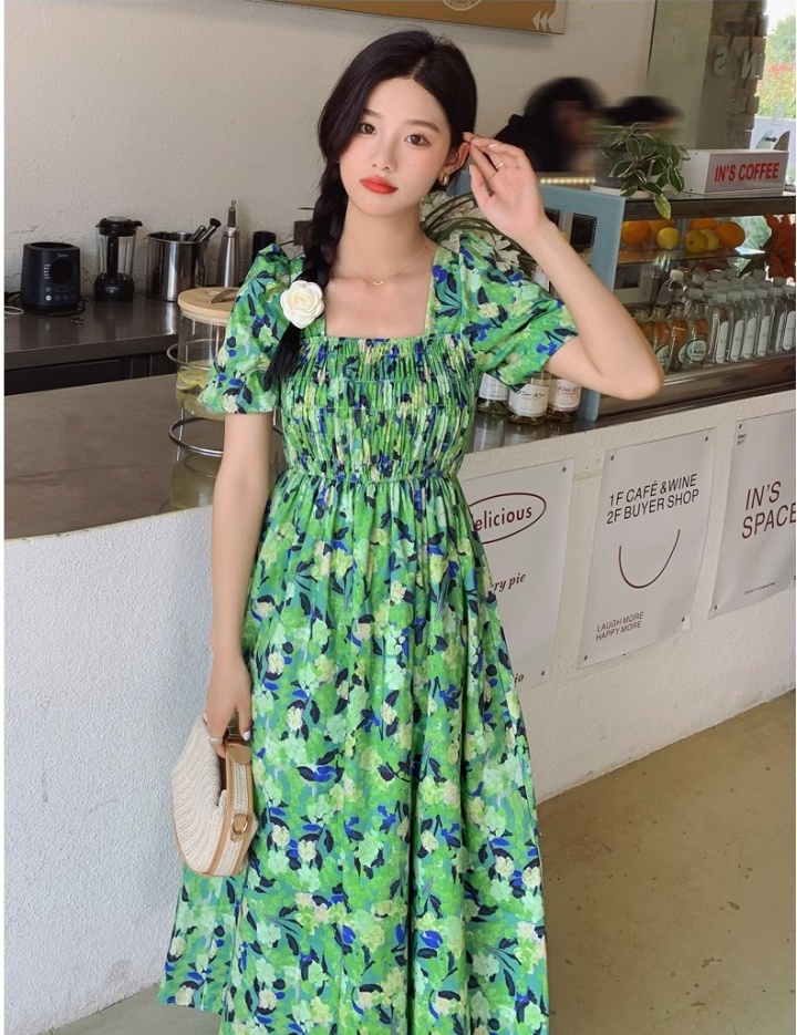 Square collar floral dress summer long dress for women