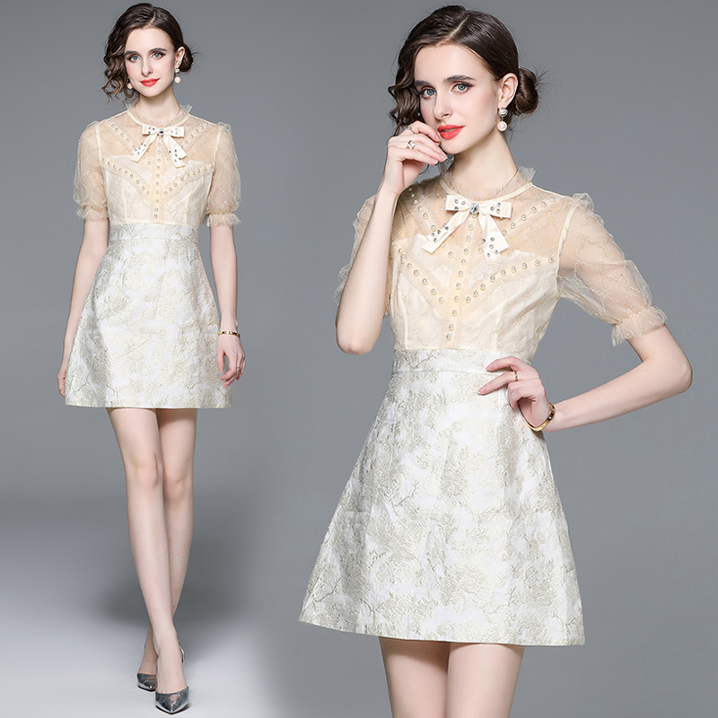 Temperament splice fashion and elegant bow short sleeve dress