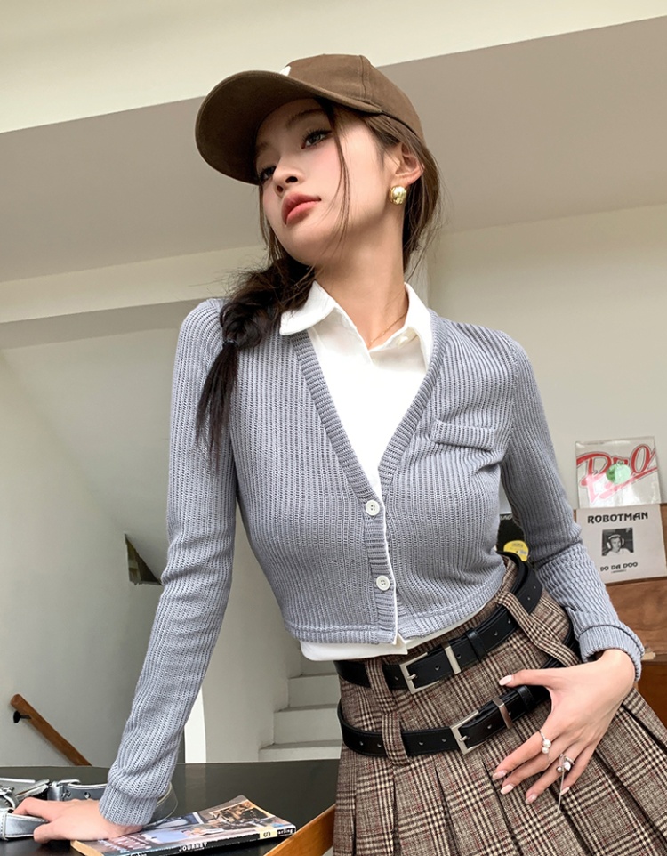 Pseudo-two autumn tops long sleeve sweater for women
