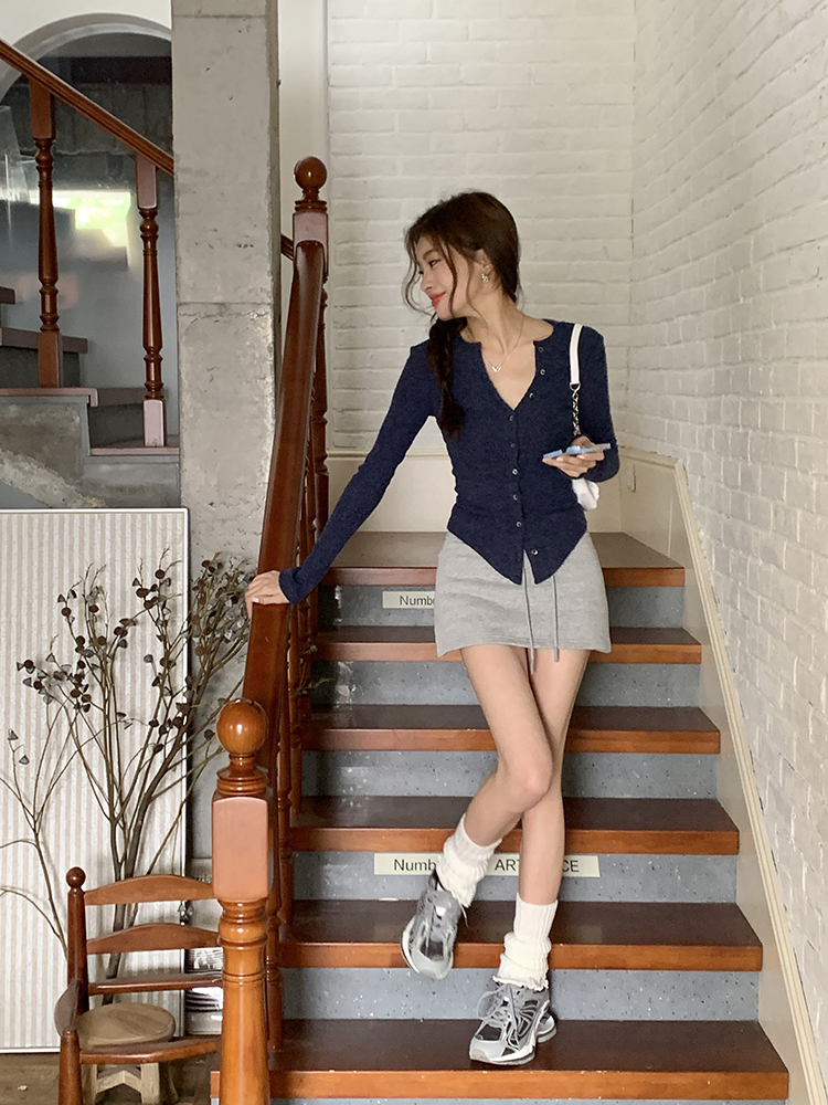 France style short tops autumn knitted bottoming shirt