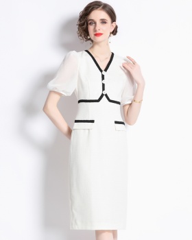 France style lantern sleeve slim pinched waist dress