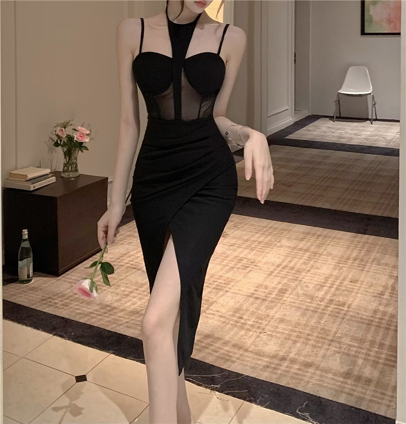Spicegirl black long dress halter sling dress for women
