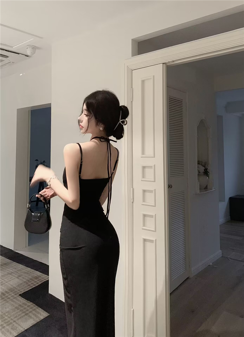 Spicegirl black long dress halter sling dress for women