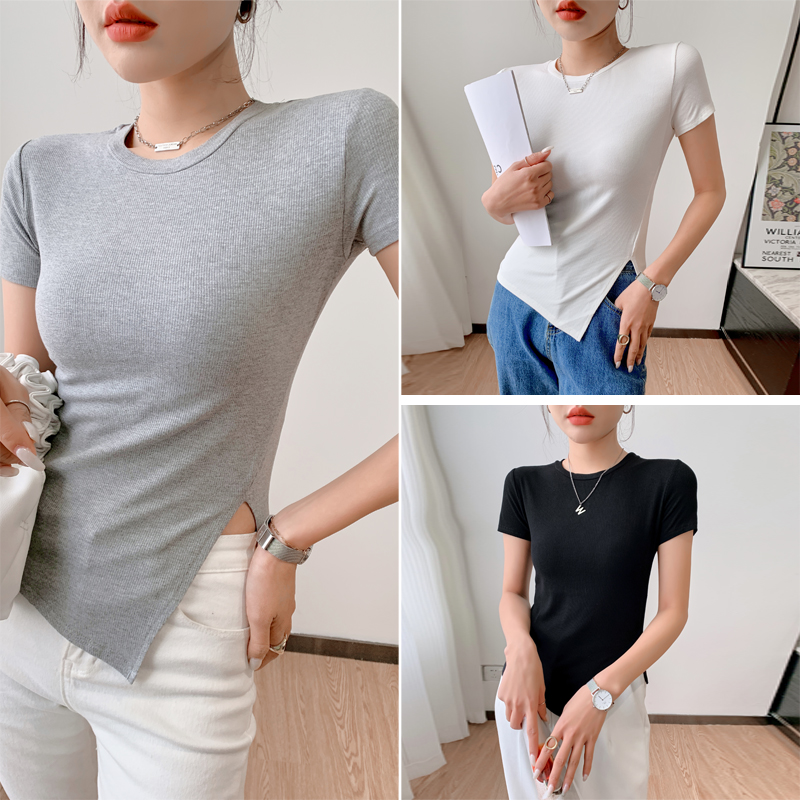 Irregular unique tops short sleeve slim T-shirt for women