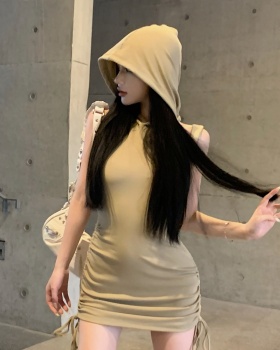 Package hip pinched waist knitted sexy hooded hollow dress
