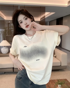 Spray painting summer round neck loose T-shirt for women