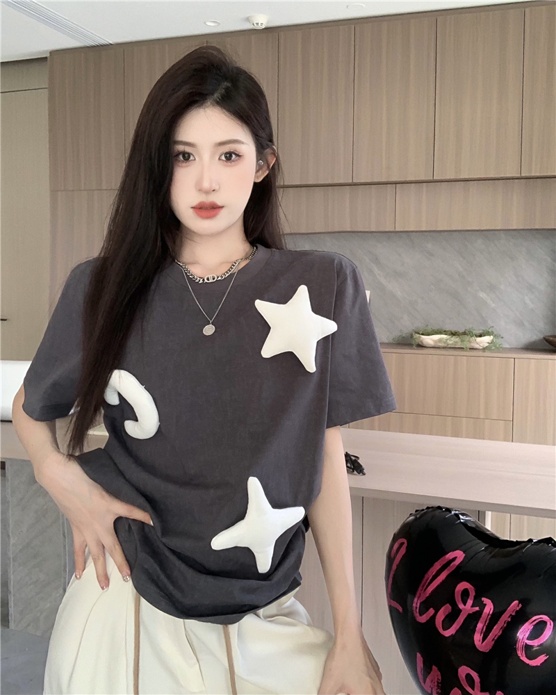 Stereoscopic decoration stars tops loose T-shirt for women
