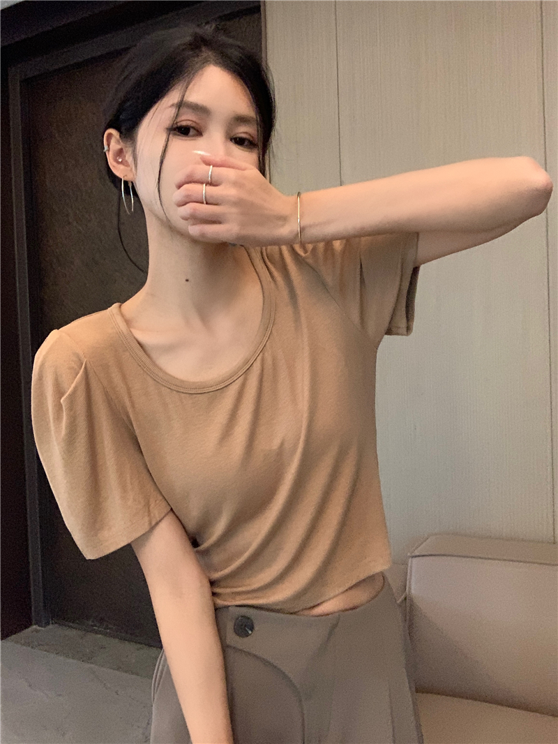 Puff sleeve short sleeve T-shirt basis tops for women