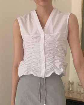 Korean style pinched waist simple shirt summer folds tops