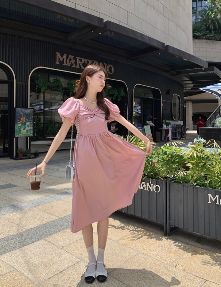 Korean style all-match puff sleeve pure summer dress