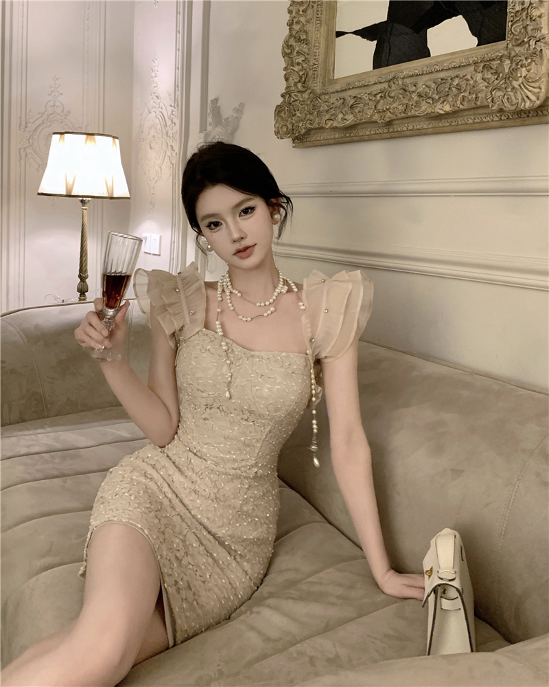 France style lady temperament pinched waist lace spring dress