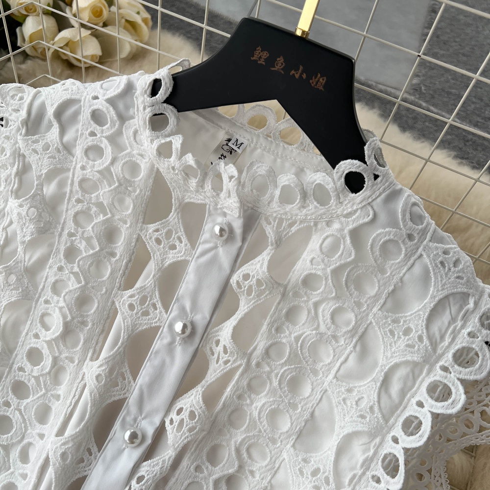 Embroidery splice cstand collar sleeveless dress