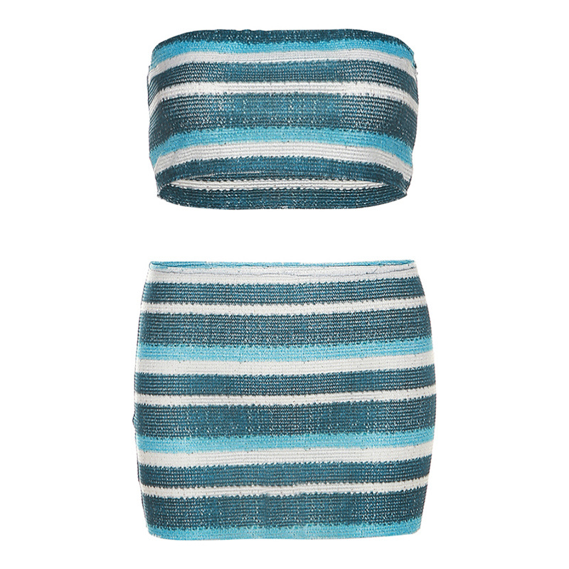Knitted stripe tops fashion short skirt a set for women