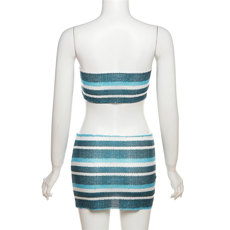 Knitted stripe tops fashion short skirt a set for women