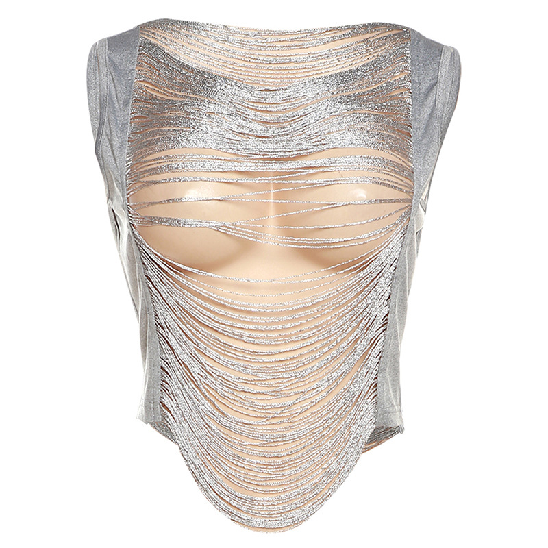 Round neck street hollow sleeveless tassels tops for women