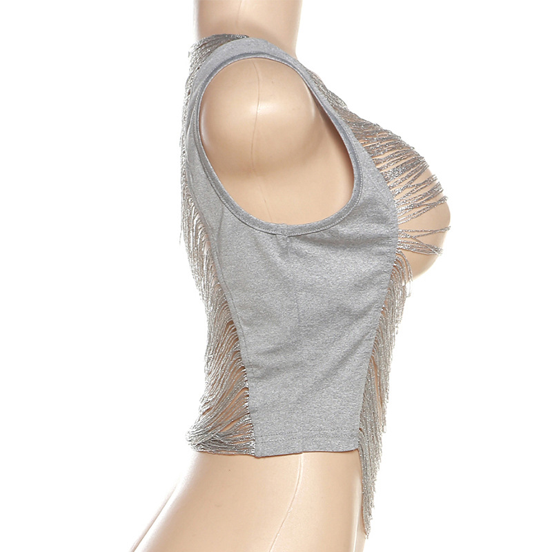 Round neck street hollow sleeveless tassels tops for women