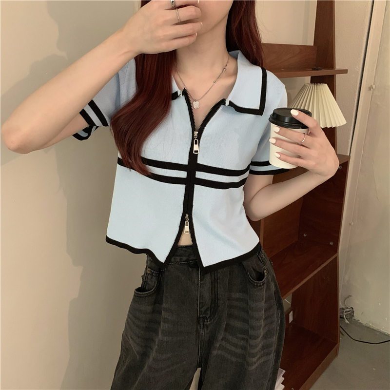 Double zip knitted short sleeve summer lapel cardigan