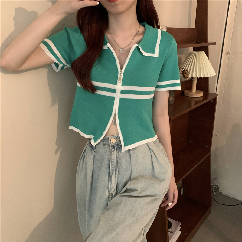 Double zip knitted short sleeve summer lapel cardigan