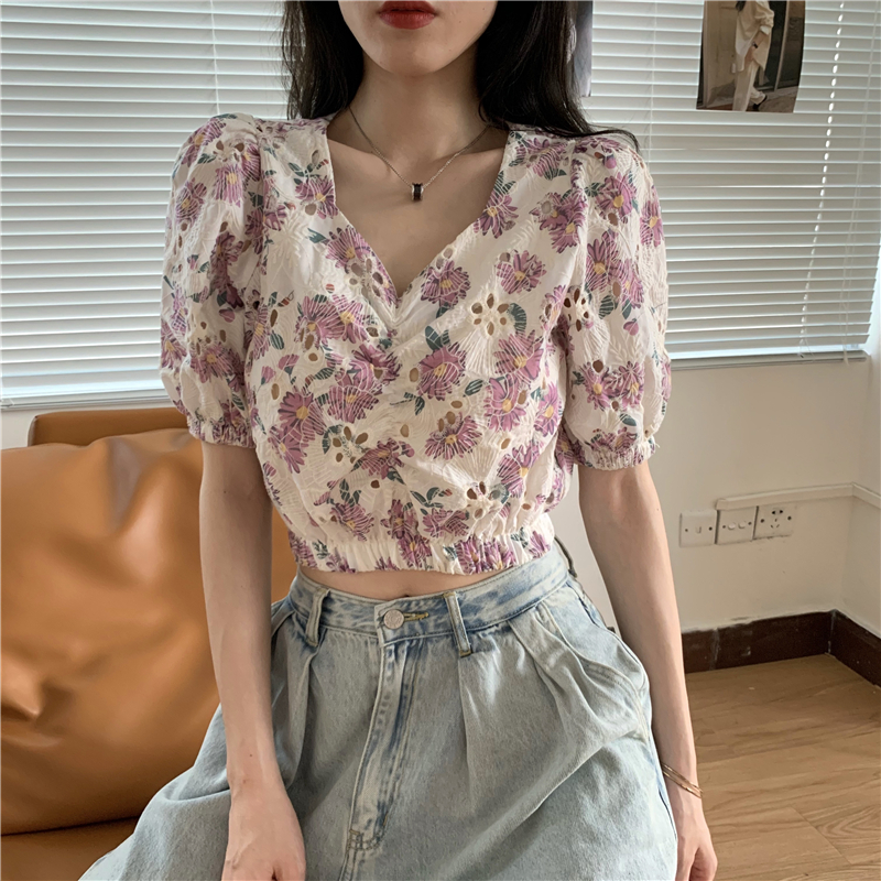 Hollow Korean style summer printing high waist tops