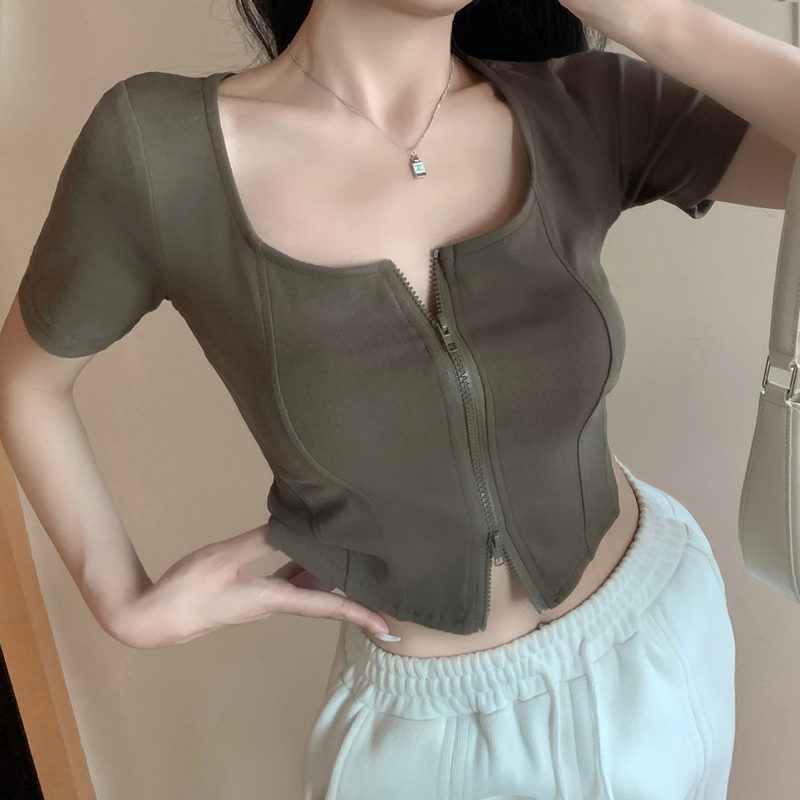 Short Korean style T-shirt slim double zip clavicle for women