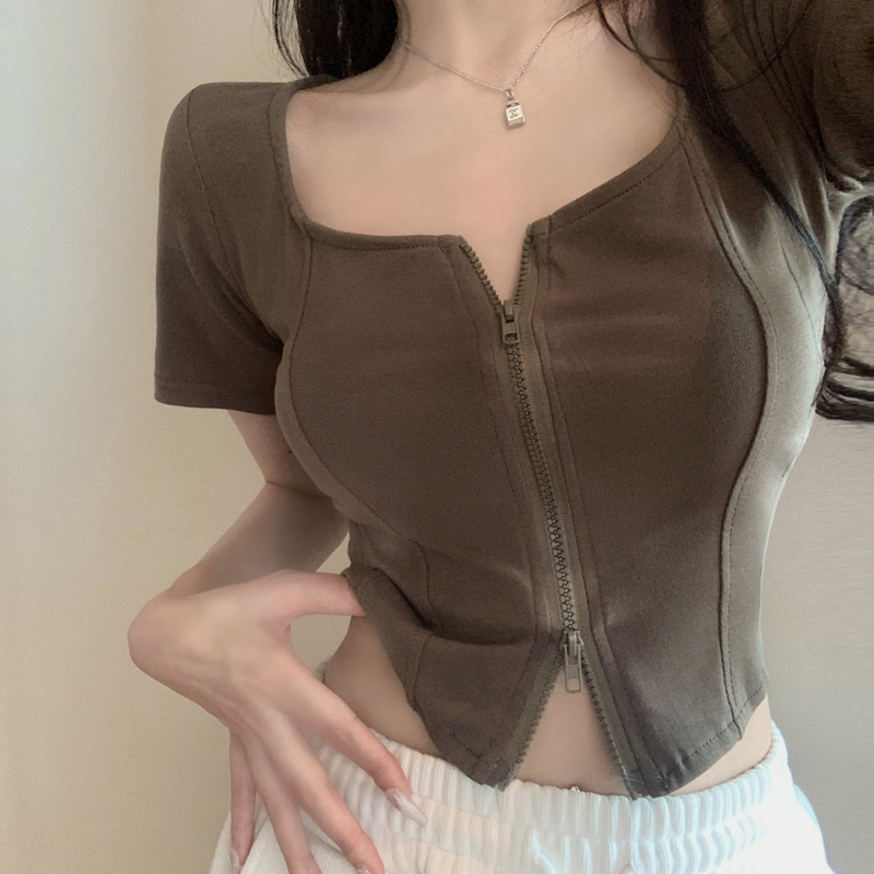 Short Korean style T-shirt slim double zip clavicle for women