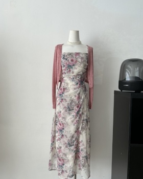 Retro sling France style floral dress 2pcs set for women
