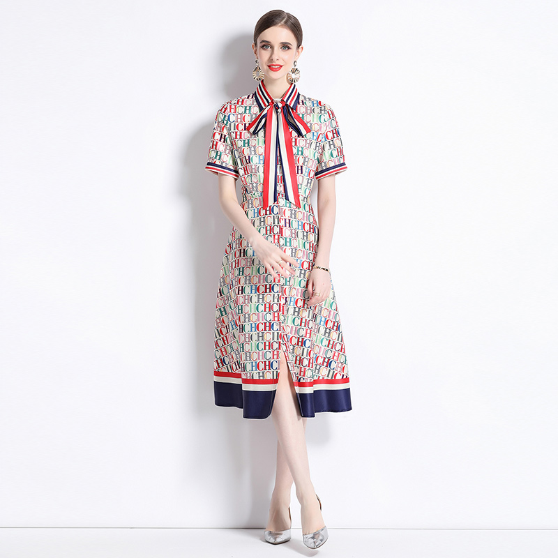 All-match short sleeve cardigan printing pinched waist dress