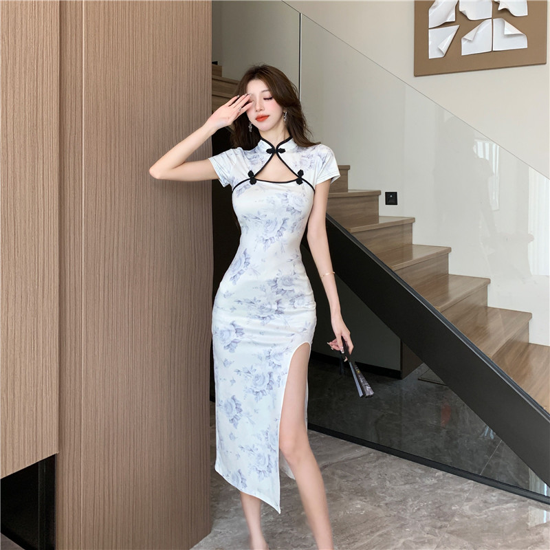 Retro slim summer dress split printing cheongsam